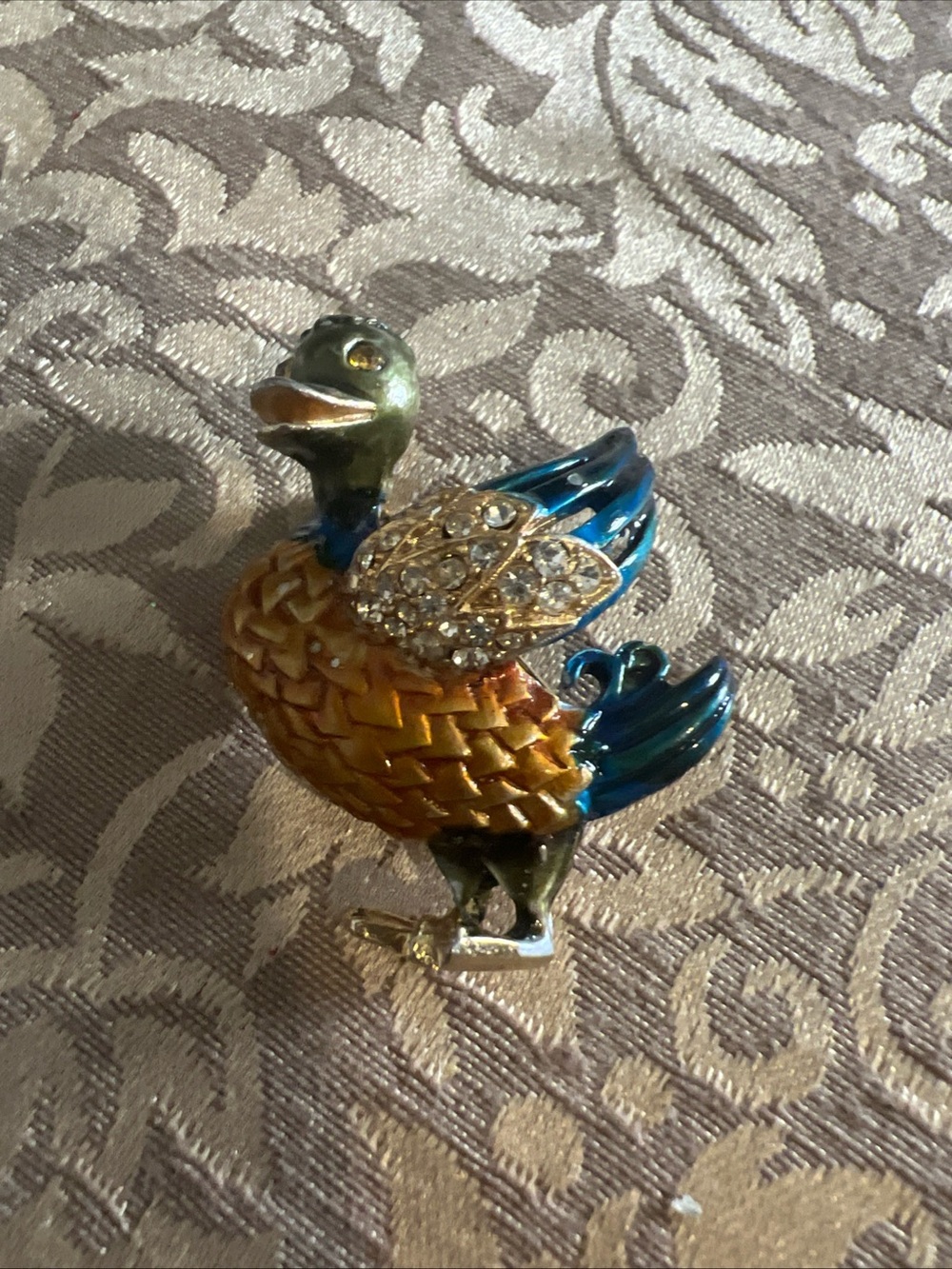 Vintage Enamel And Gold Tone Duck Brooch Pin Bird Brooch Rhinestone Duck Brooch